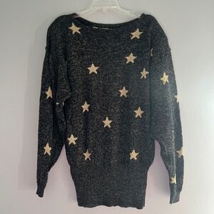 Lynn Novak Black Gold Metallic Star Knit Tunic Sweater Women Size Large Vintage
